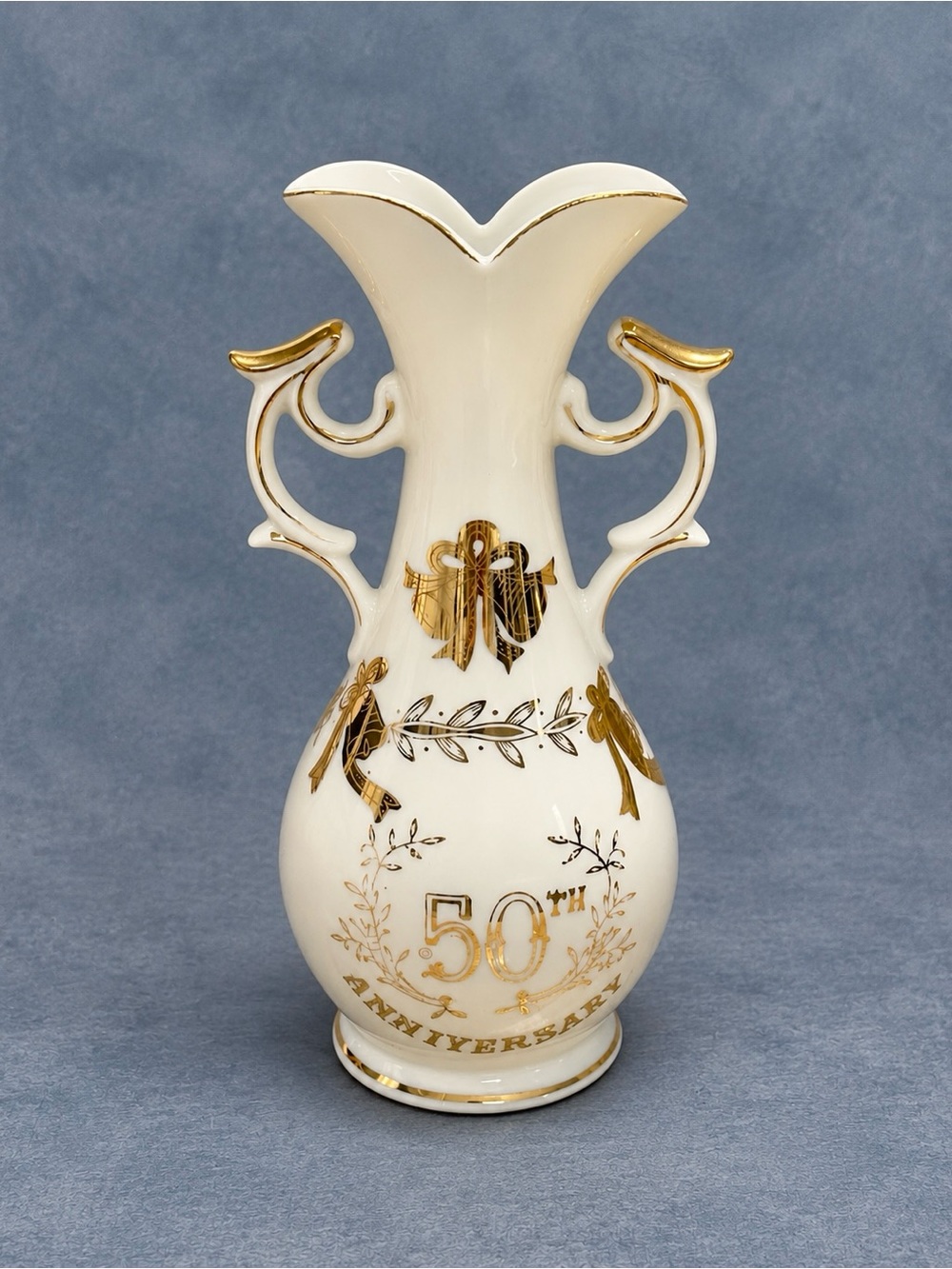 Vintage Lefton China 2282 50th Anniversary Vase Gold Double Handle Japan 8”